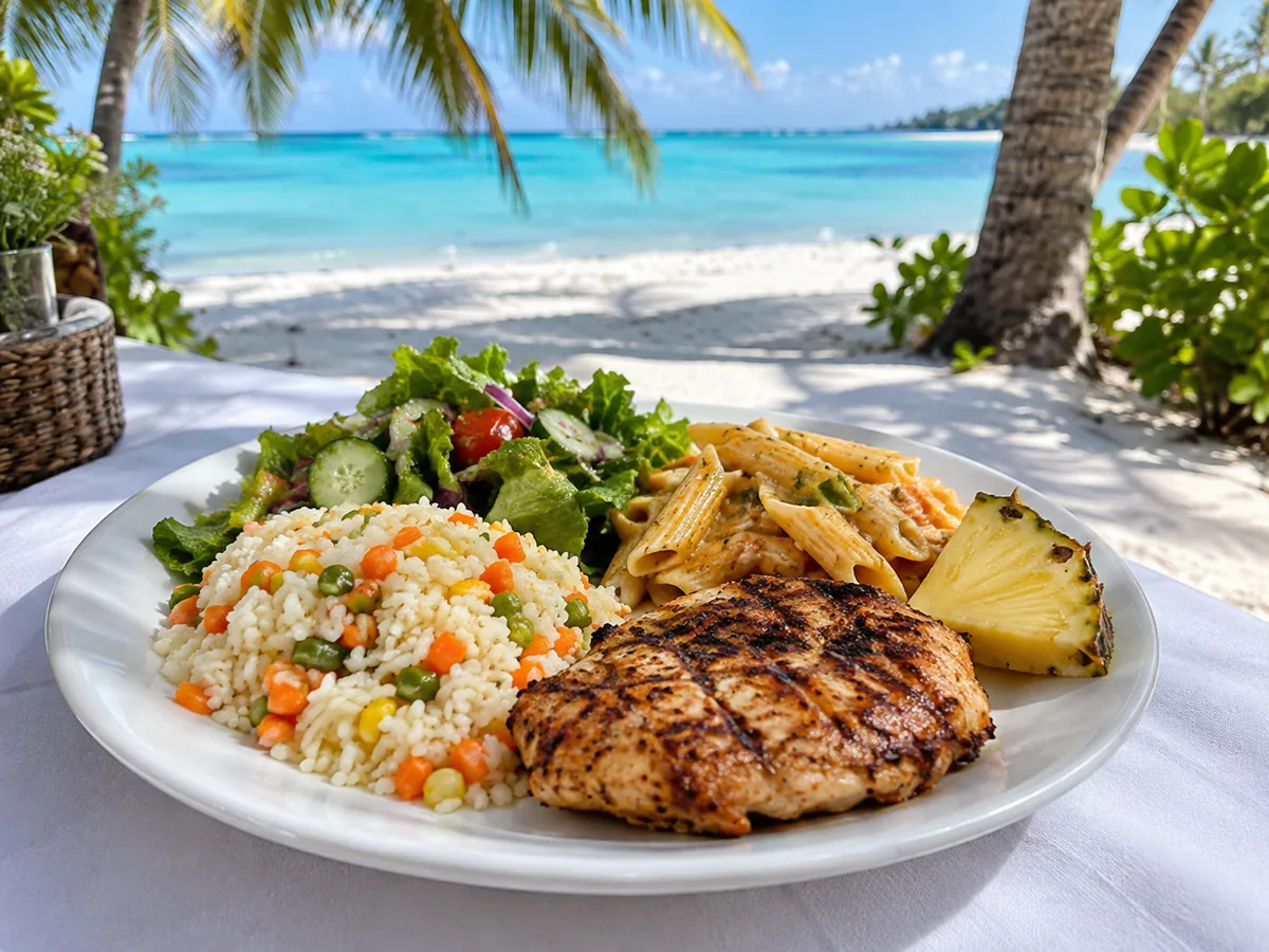 Ein Teller vom dominikanischen Strandbuffet mit Reis, Salat, Nudeln und gegrilltem Hähnchen auf einer weißen Tischdecke