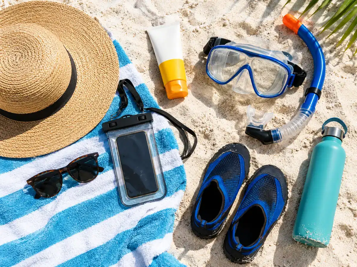 A towel, sun hat, phone pouch, sunscreen, sunglasses and snorkel mask laid out on white sand